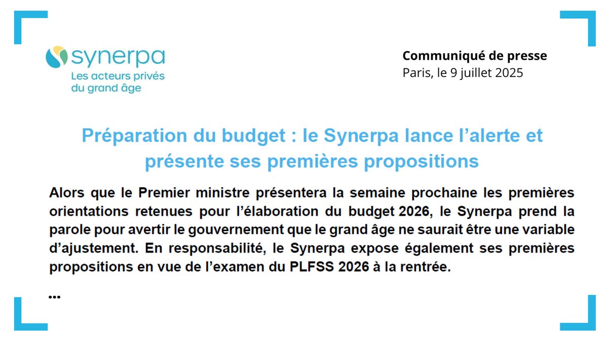 Synerpa (@synerpacom) on Twitter photo 🔴Budget 2026 : alerte du Synerpa
📣 Ce matin, <a href="/JC_Amarantinis/">Jean-Christophe Amarantinis</a> a pris la parole en conférence de presse pour adresser un message clair au gouvernement dans le cadre de l’élaboration du PLFSS 2026 :
❌ Le grand âge ne peut plus être la variable d’ajustement des dépenses sociales 🔴Budget 2026 : alerte du Synerpa
📣 Ce matin, <a href="/JC_Amarantinis/">Jean-Christophe Amarantinis</a> a pris la parole en conférence de presse pour adresser un message clair au gouvernement dans le cadre de l’élaboration du PLFSS 2026 :
❌ Le grand âge ne peut plus être la variable d’ajustement des dépenses sociales