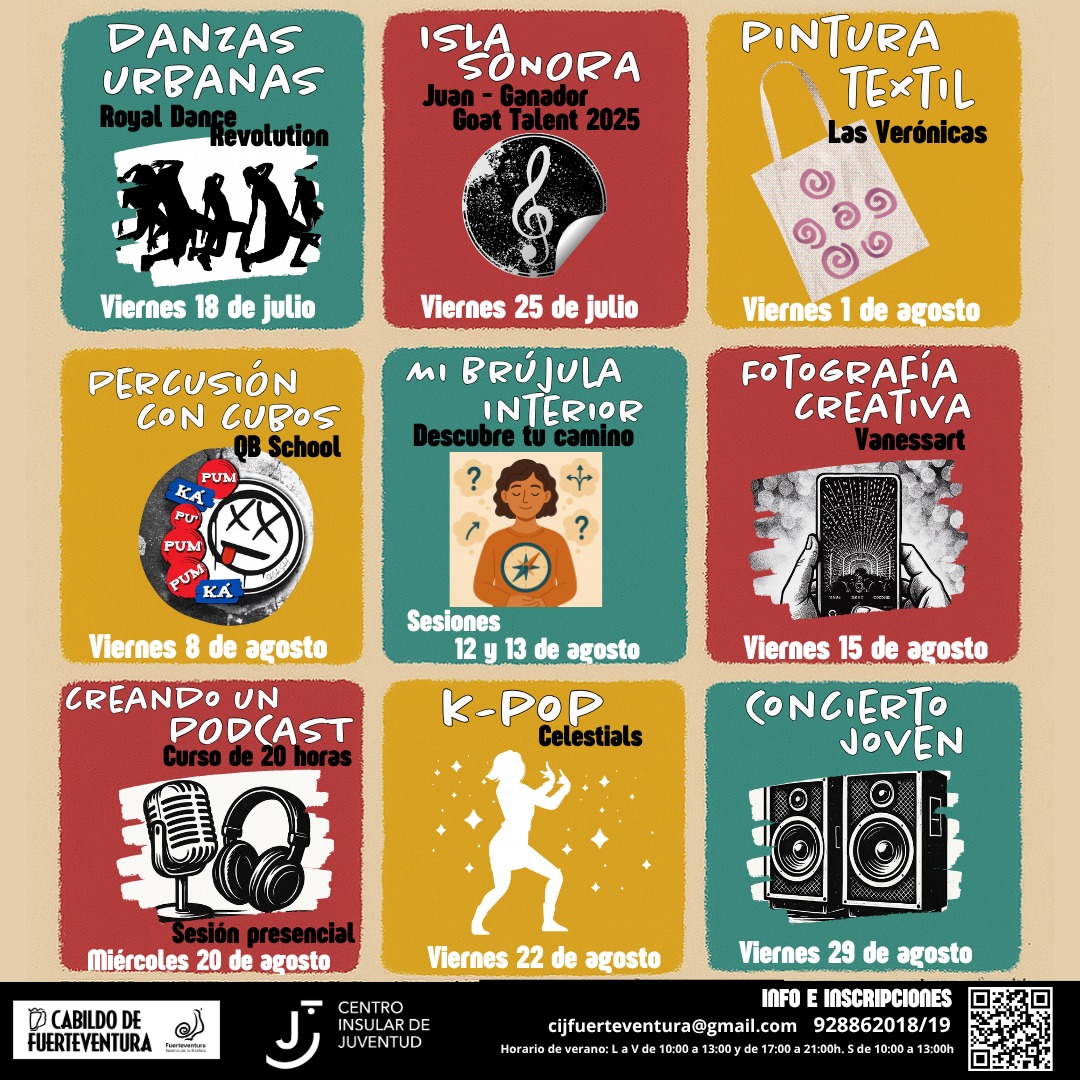 ¡CiJ a la fresca!☀️🎧🎨
 
El Centro Insular de Juventud lanza su programación de verano con talleres gratuitos de danza urbana, K-pop, música, pintura textil, fotografía, curso de podcast... ¡y un Concierto Joven para cerrar por todo lo alto!

🔗 cabildofuer.es/cabildo/el-cen…
