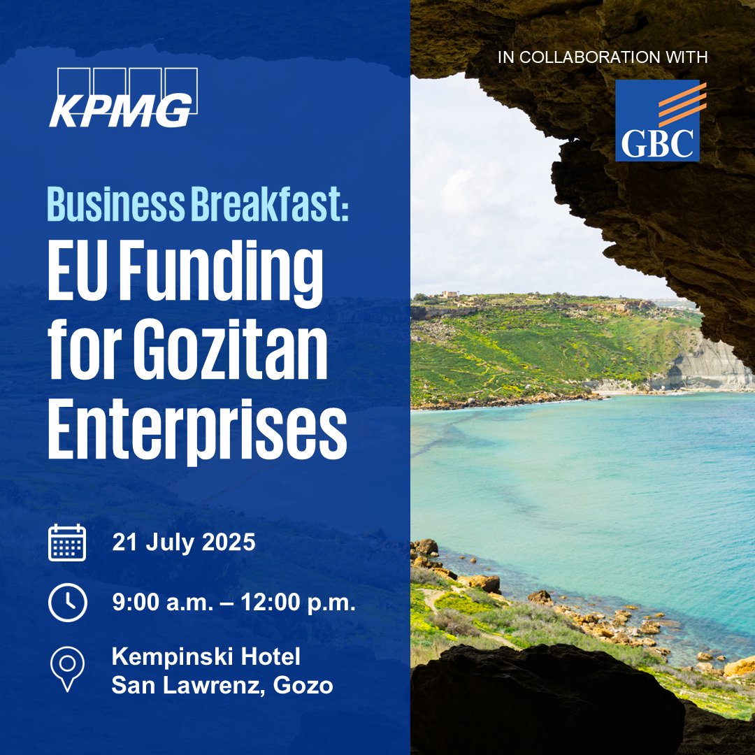 Join our upcoming Business Breakfast: EU Funding for Gozitan Enterprises, in collaboration with <a href="/GBC_Gozo/">The Gozo Business Chamber</a>, and explore #EUgrantschemes and #localincentives designed for small and medium-sized enterprises based in Gozo.
 
Register here: kpmg.com/mt/en/home/eve…

#KPMG #GozoBusiness