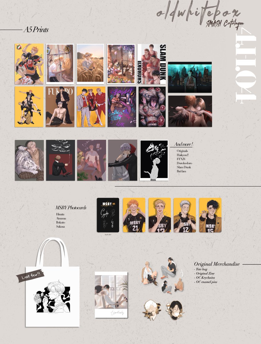 oldwhitebox's tweet image. ๐ SMASH Catalogue ๐
Back again this year at Smash !! I have a few new things and am also a part of a Haikyuu Mail Delivery stamp rally ๐
Come say hi ๐๐๐ป
๐4.H.04
#smashcon2025