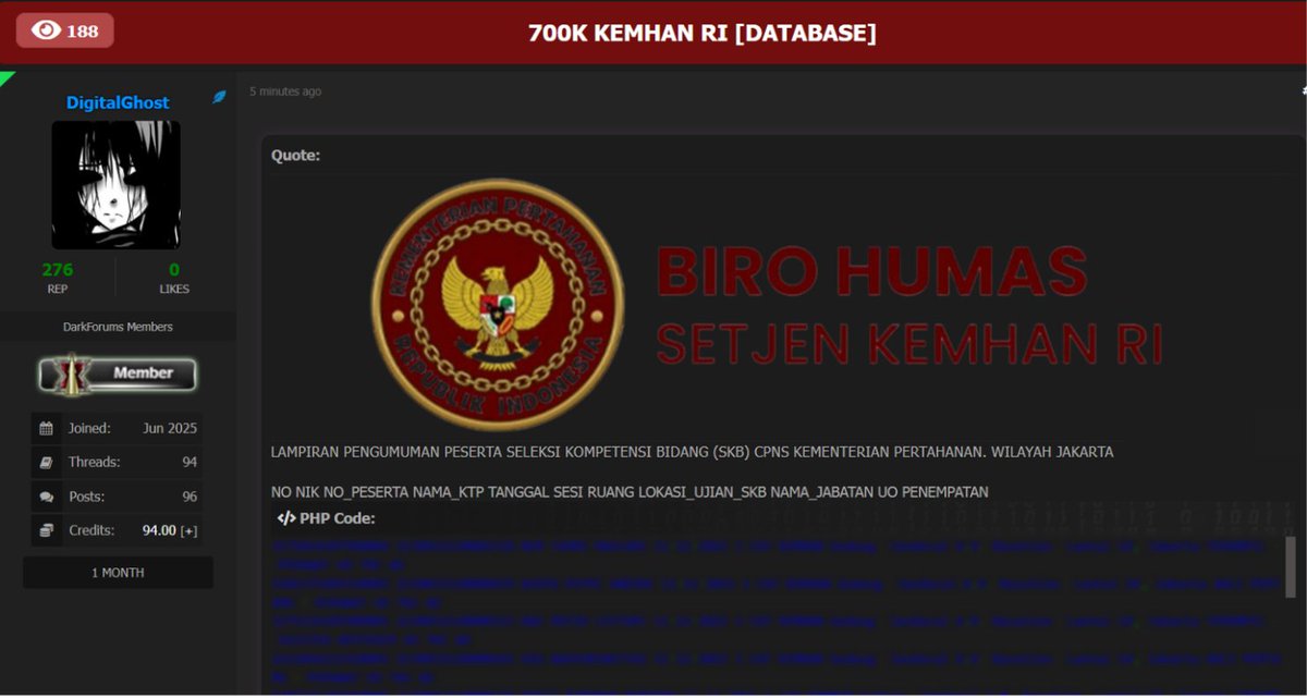 🚨Data Breach Alert‼️

🇮🇩Indonesia - Ministry of Defense (Kementerian Pertahanan Republik Indonesia, KEMHAN RI)

A threat actor using the alias "DigitalGhost" has claimed to have leaked a database containing personal data of 700,000 individuals from the Indonesian Ministry of