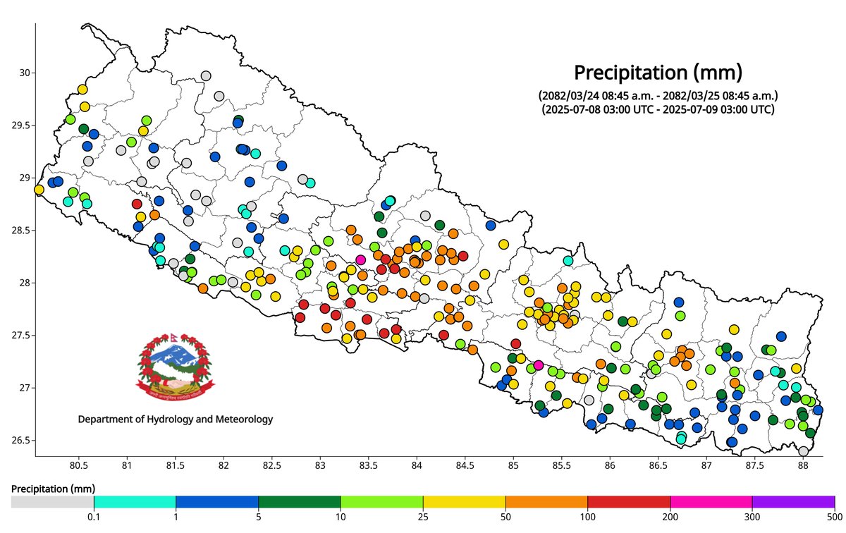 ClimateDhm's tweet image. #Daily_Weather_Summary_9th_July_2025
The highest daily precipitation (256.8mm) is recorded at Rajuwa (Bara) today. The highest temperature (37.5°C) is recorded at Jaleshwor (Mahottari) and the lowest (11.2°C) at Humde (Manang). For more, visit dhm.gov.np/climate-