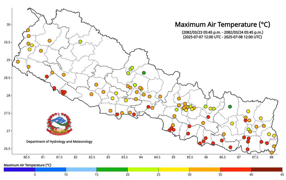 ClimateDhm's tweet image. #Daily_Weather_Summary_9th_July_2025
The highest daily precipitation (256.8mm) is recorded at Rajuwa (Bara) today. The highest temperature (37.5°C) is recorded at Jaleshwor (Mahottari) and the lowest (11.2°C) at Humde (Manang). For more, visit dhm.gov.np/climate-