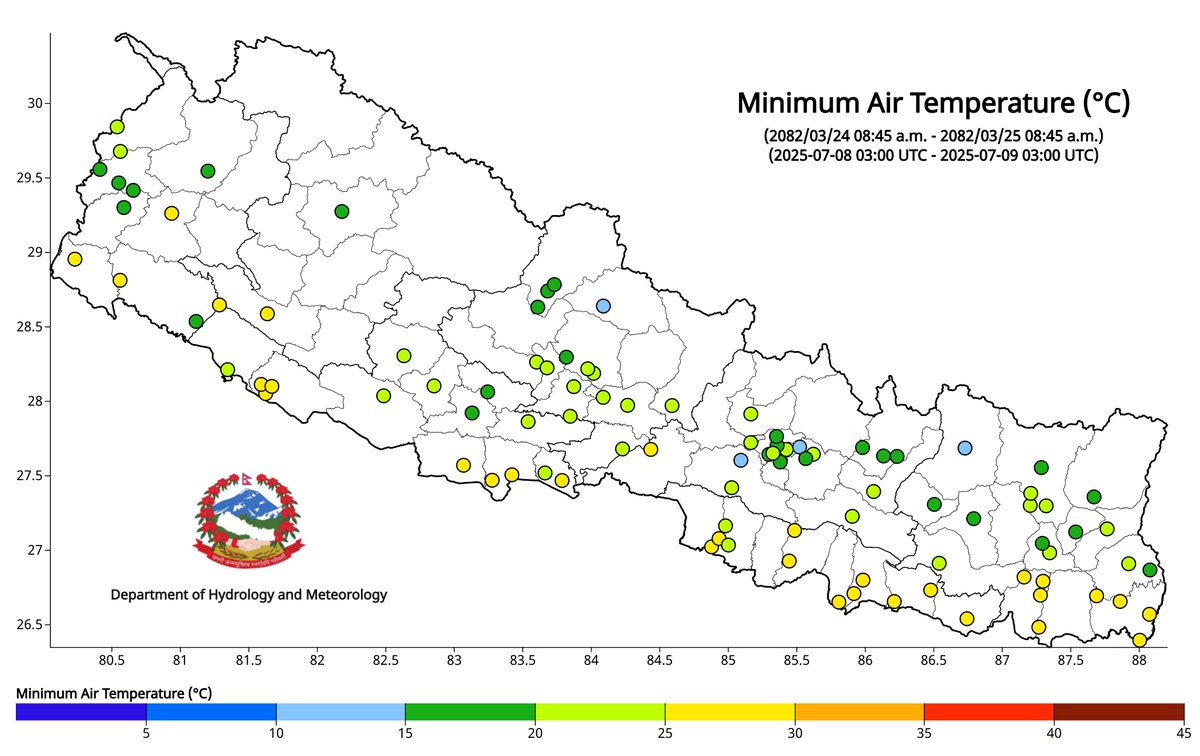 ClimateDhm's tweet image. #Daily_Weather_Summary_9th_July_2025
The highest daily precipitation (256.8mm) is recorded at Rajuwa (Bara) today. The highest temperature (37.5°C) is recorded at Jaleshwor (Mahottari) and the lowest (11.2°C) at Humde (Manang). For more, visit dhm.gov.np/climate-
