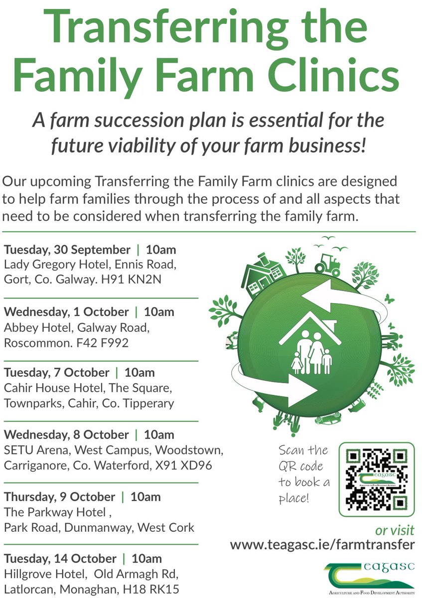 Transferring the family farm clinics
A fantastic opportunity to discuss succession options.
📍SETU Arena Waterford 
📅8th October
⏰10am