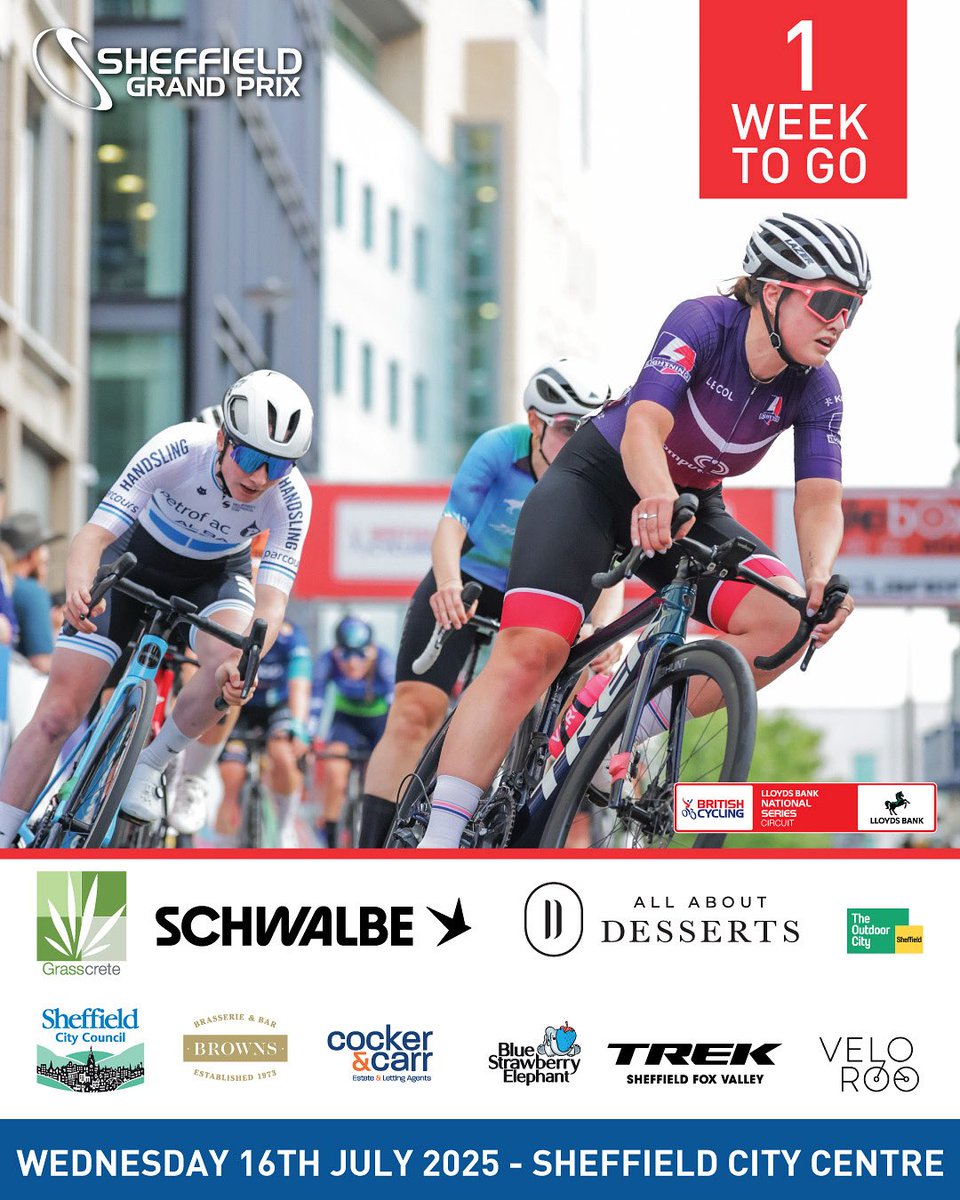 🚨 1 WEEK TO GO! 🚴‍♂️💨
The countdown is ON for the Sheffield Grand Prix 2025!
Expect high-speed action, elite riders &amp; electric city-centre vibes 🏁🔥

📍 Sheffield City Centre
📅 16th July 
🕕 Racing from 5:55pm 

Don’t miss it! 👇
#SheffieldGrandPrix #1WeekToGo #Sheffield