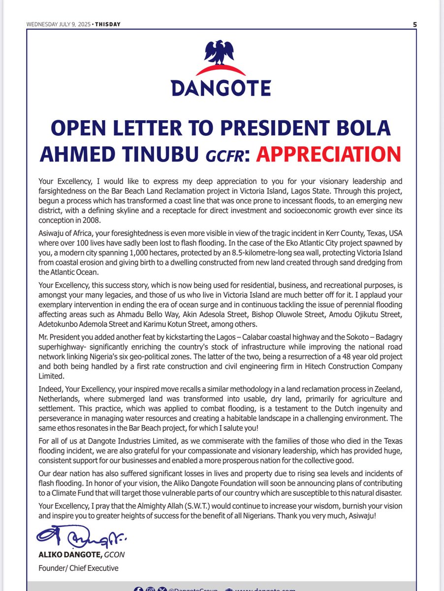 Africa’s richest man, Aliko Dangote, in a rare newspaper advertisement, has applauded President Bola Ahmed Tinubu’s transformative leadership. Dangote commended Tinubu for addressing ocean surges and flooding in Victoria Island, as well as for building a new Atlantic city and
