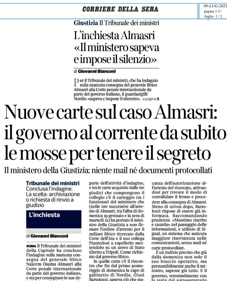 riccardomagi's tweet image. Almasri? Nordio sapeva e ha mentito al Parlamento. Ora si dimetta.
L'indagine del tribunale dei ministri sulla mancata consegna del generale libico Almasri alla Corte penale internazionale da parte del governo italiano dimostra come l'Italia abbia avuto tutto il tempo di…