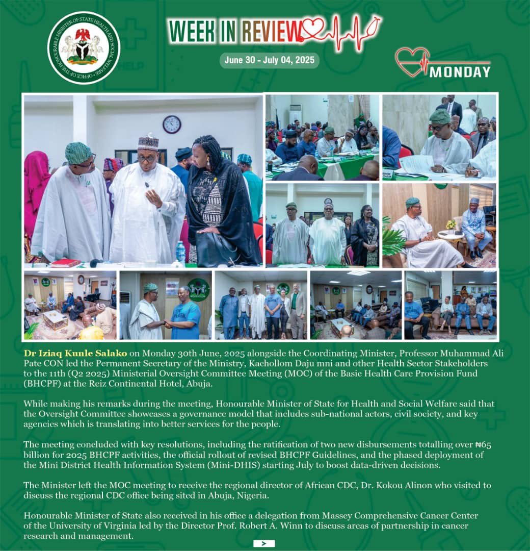 Fmohnigeria's tweet image. HIGHLIGHTS FROM THE WEEK THAT WAS…
From strategic oversight on health financing to strengthening global partnerships and championing intersectoral collaboration, it was a full and impactful week for the Honourable Minister of State, @SalakoIziaq Dr. Iziaq Kunle Salako.
🩺…
