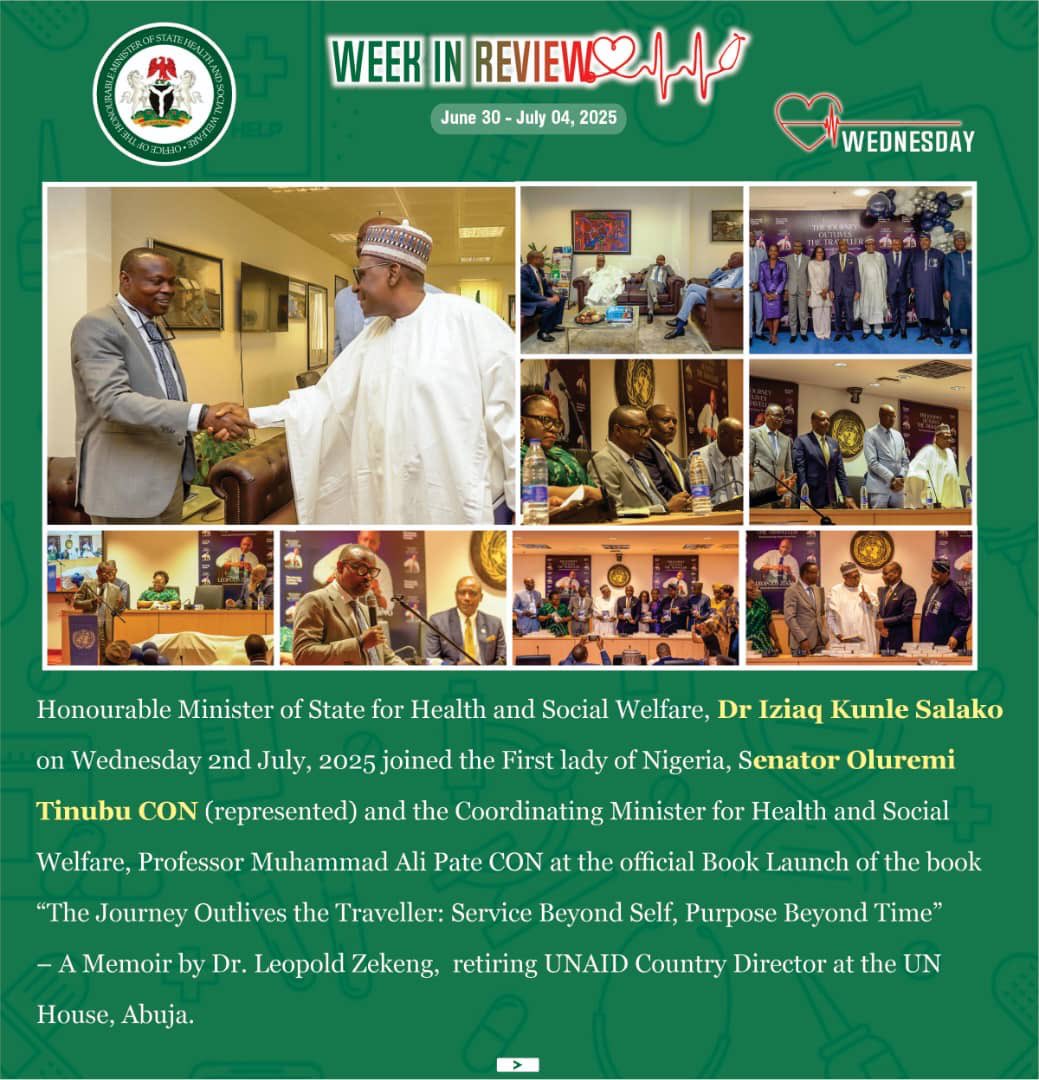 Fmohnigeria's tweet image. HIGHLIGHTS FROM THE WEEK THAT WAS…
From strategic oversight on health financing to strengthening global partnerships and championing intersectoral collaboration, it was a full and impactful week for the Honourable Minister of State, @SalakoIziaq Dr. Iziaq Kunle Salako.
🩺…