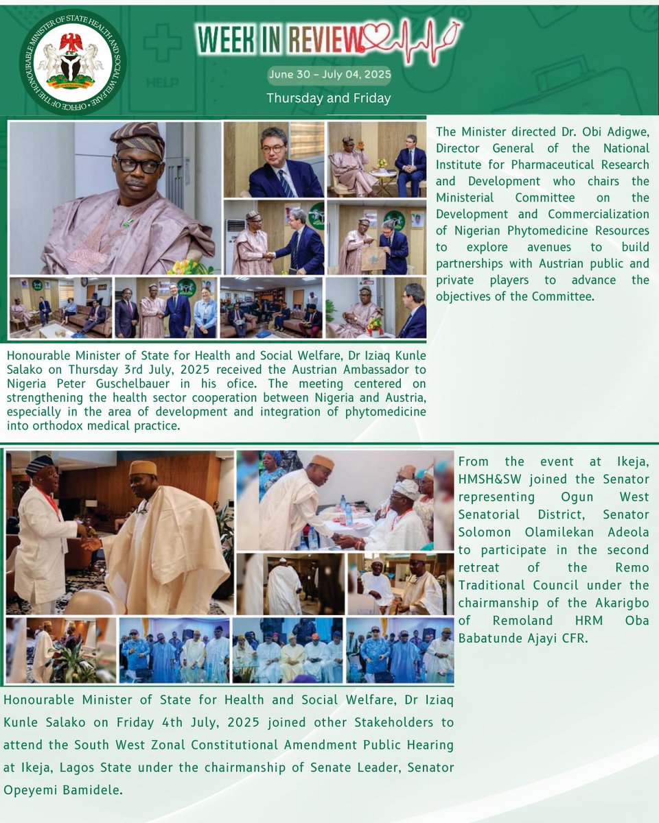 Fmohnigeria's tweet image. HIGHLIGHTS FROM THE WEEK THAT WAS…
From strategic oversight on health financing to strengthening global partnerships and championing intersectoral collaboration, it was a full and impactful week for the Honourable Minister of State, @SalakoIziaq Dr. Iziaq Kunle Salako.
🩺…