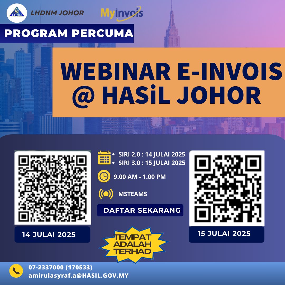 Webinar e-Invois @ HASiL Johor Siri 2.0 &amp; 3.0
Maklumat lanjut: hasil.gov.my/e-invois/progr…
#lhdnm #lhdn #HASiL #eduzoneHASiL #TaxEdu #eInvois #MyInvois