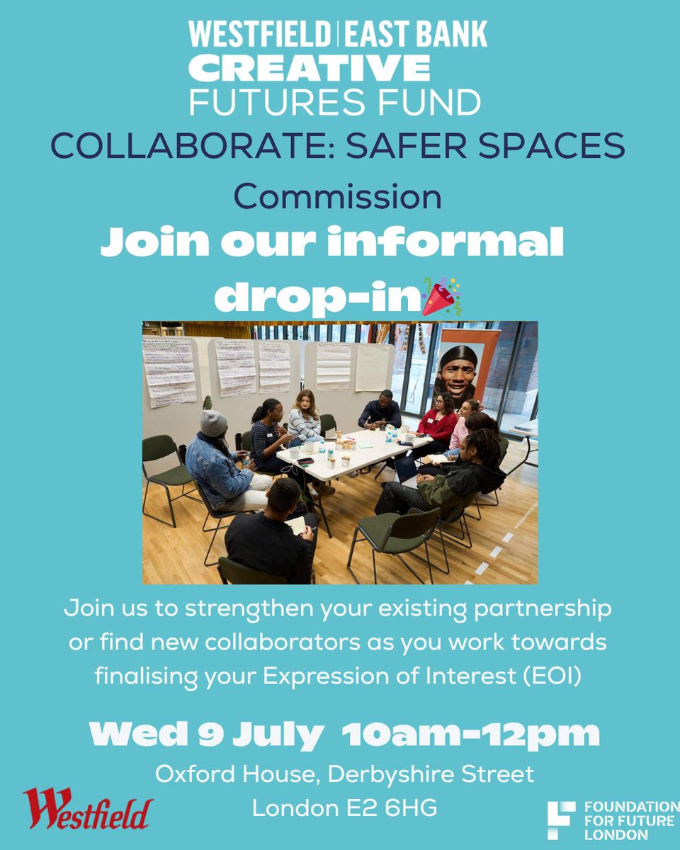 FdnFutureLondon's tweet image. Just a quick reminder about our informal drop-in session TODAY for anyone interested in the COLLABORATE: SAFER SPACES commission. No need to book, just stop in!
Wed 9 July, 10am-12pm
Oxford House, Derbyshire Street, London E2 6HG
Access: BSL interpreter
eventbrite.co.uk/e/collaborate-…