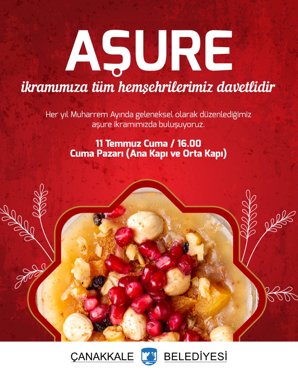 Her yıl Muharrem Ayında geleneksel olarak düzenlediğimiz aşure ikramımızda buluşuyoruz 🍲

📅 11 Temmuz 2025 Cuma
🕓 16.00
📍 Cuma Pazarı (Ana Kapı ve Orta Kapı)

Tüm hemşehrilerimiz davetlidir.