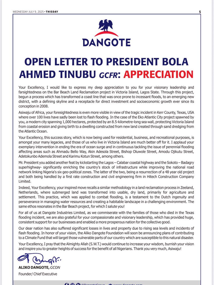 PBATMediaCentre's tweet image. Alhaji Aliko Dangote writes an open letter to President Bola Ahmed Tinubu.