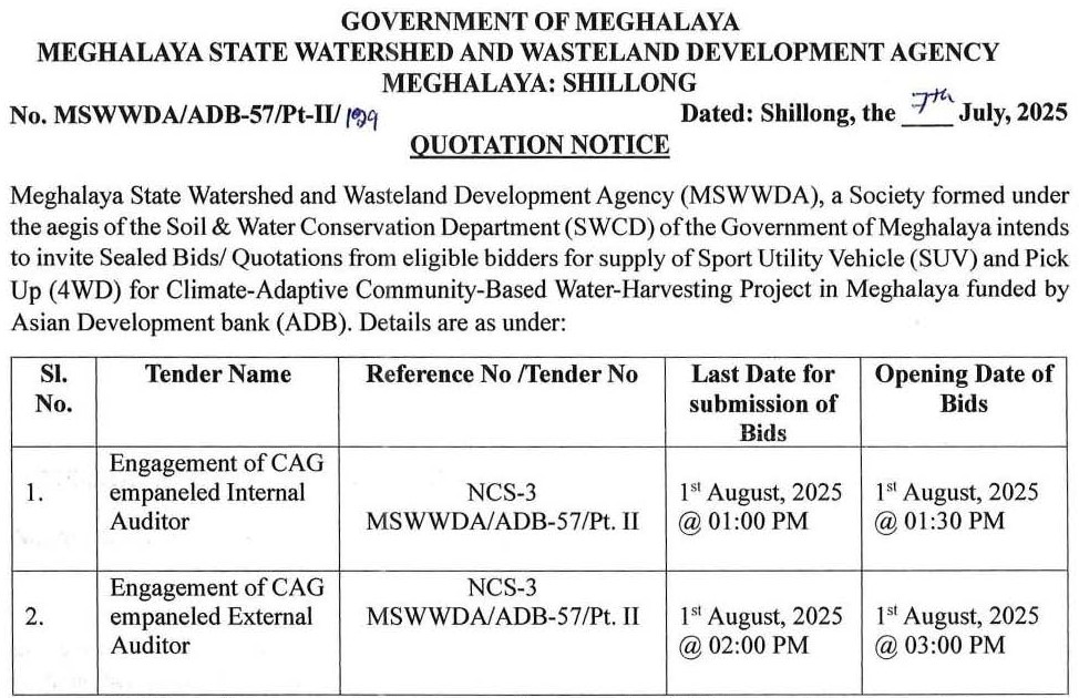 MegNIC (@meghalayagov) on Twitter photo #QuotationNotice are invited from eligible bidders for #Supply of #SportUtilityVehicle (SUV) and #PickUp (4WD) for Climate-Adaptive Community-Based Water-Harvesting Project in #Meghalaya funded by ADB <a href="/MegSoilandWater/">Meghalaya Soil and Water Conservation Dept</a> (meghalaya.gov.in/sites/default/…) #QuotationNotice are invited from eligible bidders for #Supply of #SportUtilityVehicle (SUV) and #PickUp (4WD) for Climate-Adaptive Community-Based Water-Harvesting Project in #Meghalaya funded by ADB <a href="/MegSoilandWater/">Meghalaya Soil and Water Conservation Dept</a> (meghalaya.gov.in/sites/default/…)