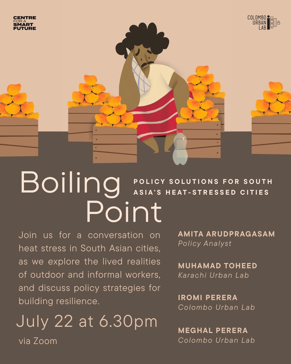 colombourbanlab (@colombourbanlab) on Twitter photo Our next webinar ‘Boiling Point’ will present key findings from our report on heat stress in Colombo, followed by a discussion with <a href="/aarudpra/">Amita Arudpragasam</a> & <a href="/UrbanPlannerNED/">Muhammad Toheed, Urban Planner</a> on extreme heat in South Asia, its unequal impacts, and policy solutions.
Register - forms.gle/zZsr4fMPgiE95H… Our next webinar ‘Boiling Point’ will present key findings from our report on heat stress in Colombo, followed by a discussion with <a href="/aarudpra/">Amita Arudpragasam</a> & <a href="/UrbanPlannerNED/">Muhammad Toheed, Urban Planner</a> on extreme heat in South Asia, its unequal impacts, and policy solutions.
Register - forms.gle/zZsr4fMPgiE95H…