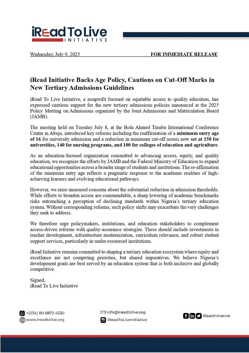 iRead Initiative Backs Age Policy, Cautions on Cut-Off Marks in New Tertiary Admissions Guidelines
