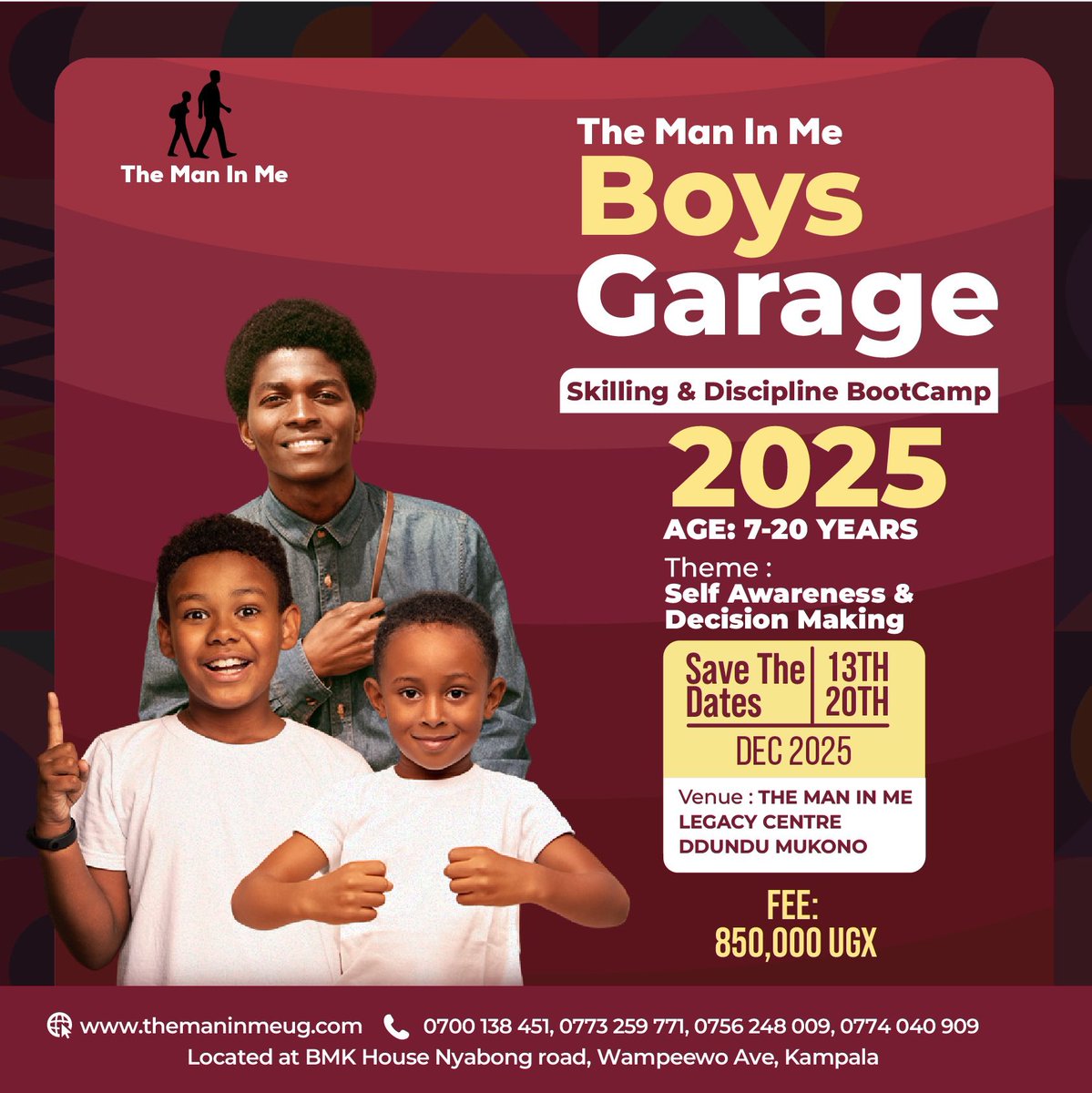 Maninme_ug's tweet image. *The Man in Me Boys Boot Camp 2025*
Skilling & Discipline Boot Camp
Under the theme “Self-Awareness & Decision Making,” this year’s camp is all about equipping boys with life-changing skills, discipline, and confidence to grow into responsible young men. 💪🏽🎯
📍 Parents,…