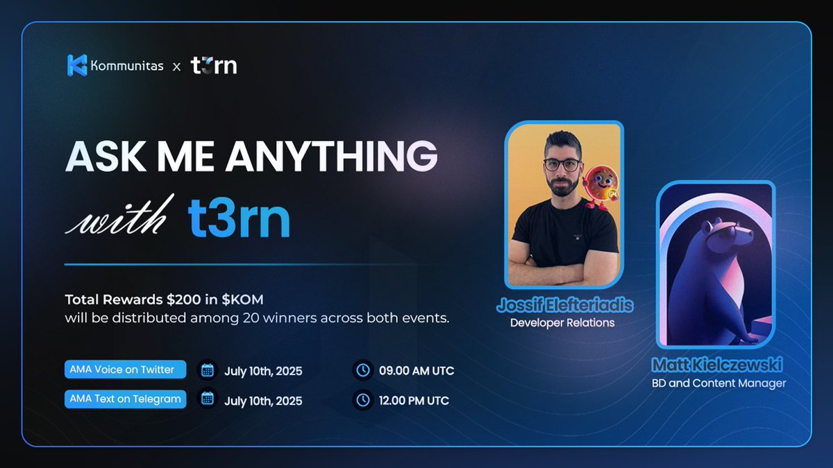 kommunitasnet's tweet photo. Hello $KOMmunity!

We’re thrilled to announce that @t3rn_io will be joining us for an AMA session on Kommunitas!

Join us and connect with:
• Jossif Elefteriadis, Developer Relations at t3rn
• Matt Kielczewski, BD and Content Manager at t3rn

Get your questions answered and earn a chance to win exciting rewards.

Here’s the detail:
AMA Voice on Twitter
🔹 Date & Time: July 10, 2025, 09:00 AM UTC
📍https://t.co/X55ZlQeSWC

AMA Text on Telegram
🔹 Date & Time: July 10, 2025, 12:00 PM UTC
📍https://t.co/ApirlnPOCP

Total Rewards: $200 in $KOM, distributed among 20 lucky winners across both events.