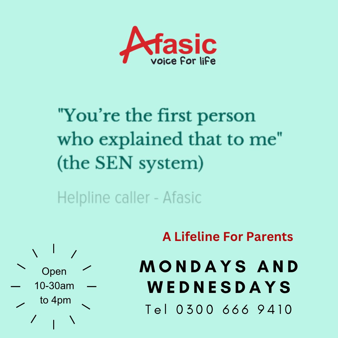 Afasic's tweet image. The Afasic helpline is open Mondays & Wednesdays 10.30am till 4.00pm to discuss difficulties your child may have with speech & language. 📞 0300 666 9410
afasic.org.uk
📧 Info@afasic.org.uk
afasic.org.uk/the-afasic-hel…