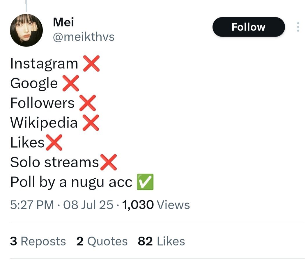 Billboard ❌
Apple Music ❌
US Chart ❌
Korean Chart ❌
Japan Chart ❌
Sales ❌
KOMCA ❌
KOFICE ❌
YouTube ❌
IFPI ❌
Annual survey ❌
Nubia magazine ✅

Since we talk abt solo streams snty literally had more stream on spotiy, apple music and youtube than any song by that nugu