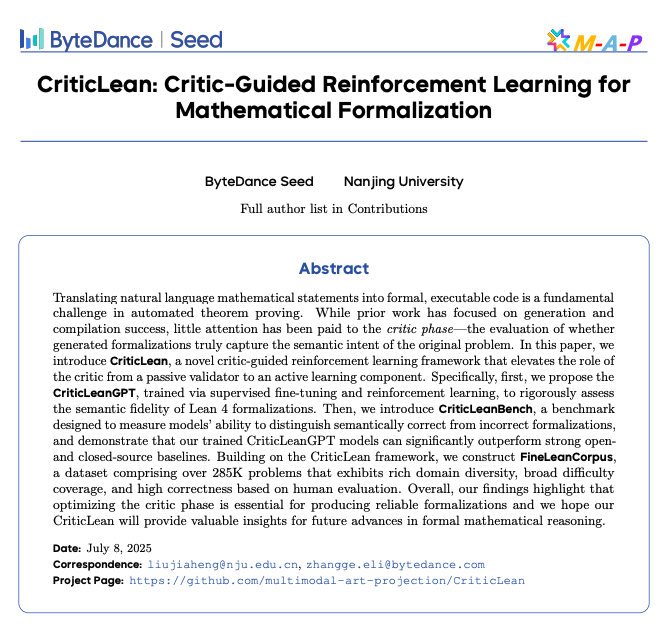 2077AI's tweet photo. ๐จ Excited to share our participation in #CriticLean! ๐
This new RL framework boosts #AutomatedTheoremProving by enhancing semantic evaluation. It's a huge step for reliable AI math reasoning.
#2077AI #AIResearch #ReinforcementLearning #Lean4 https://t.co/BOIZAazUxc