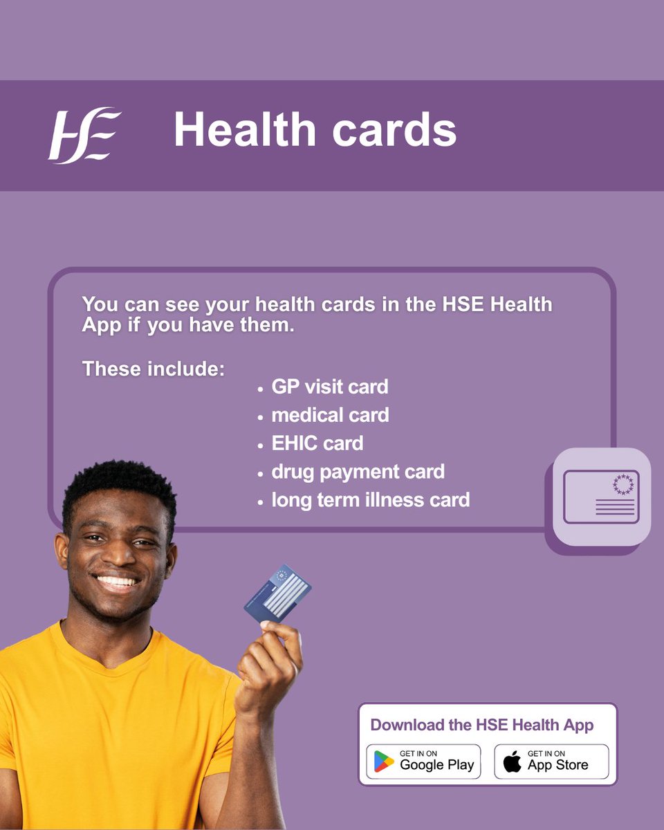 The HSE Health App includes digital versions of your health cards. A safe and secure way to always have them at hand. Download it now.

App store: bit.ly/41nqOz4
Google play: bit.ly/4ilbAkQ