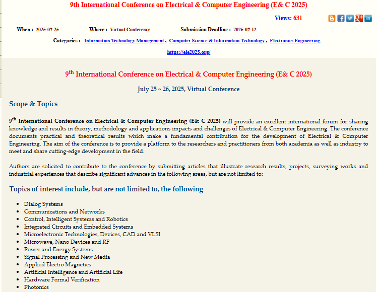 CarinaEsil56860's tweet image. #powersystems  #digitalcircuitdesign  
Call For Articles!!!!
9th International Conference on Electrical &amp;amp; Computer Engineering (E&amp;amp; C 2025)
July 25 ~ 26, 2025, Virtual Conference
ele2025.org
Contact Us:ele@ele2025.org 
Allconf URL:  allconferencecfpalerts.com/cfp/view.php?e…