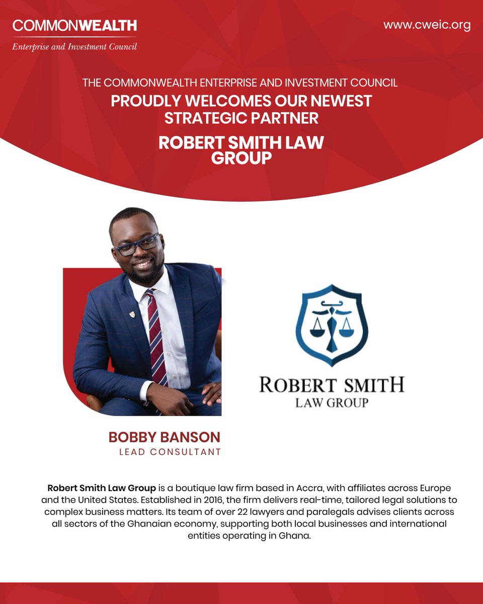 CWEIC welcomes Robert Smith Law Group as our latest Strategic Partner alongside Mr Bobby Banson, Founding Partner, to the Global Advisory Council, representing the firm and bringing legal expertise from Ghana to the Commonwealth network.

Read more here: cweic.org/cweic-welcomes…