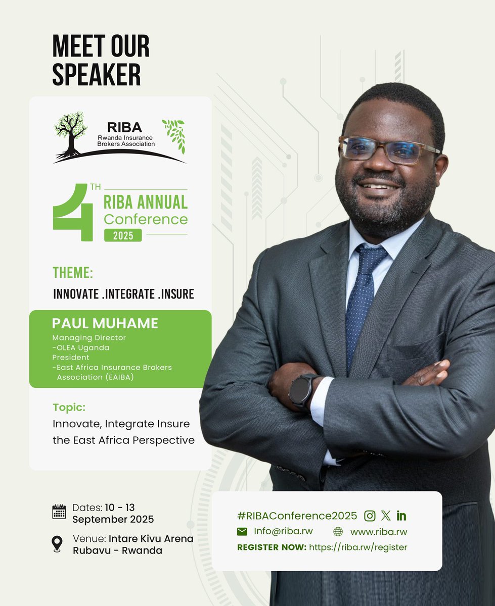 Ribo_Rwanda's tweet photo. #MeetTheSpeakers 
🎤Paul Muhame, MD at Olea Uganda &amp; President at EAIBA.
Paul will speak as President of the EAIBA, setting the tone for the conference. His focus will be cross-border collaboration and efforts to elevate broker standards in the region.

#RIBA2025 https://t.co/koBnZMhPUt