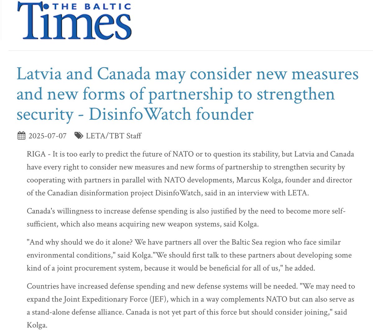 kolga's tweet image. Canada’s mission leading the @NATO EFP in Latvia “is probably the most important mission of the Canadian Armed Forces since the liberation of the Netherlands in World War II”. My interview with @letanewsen published in @thebaltictimes. @CanadianForces baltictimes.com/latvia_and_can…