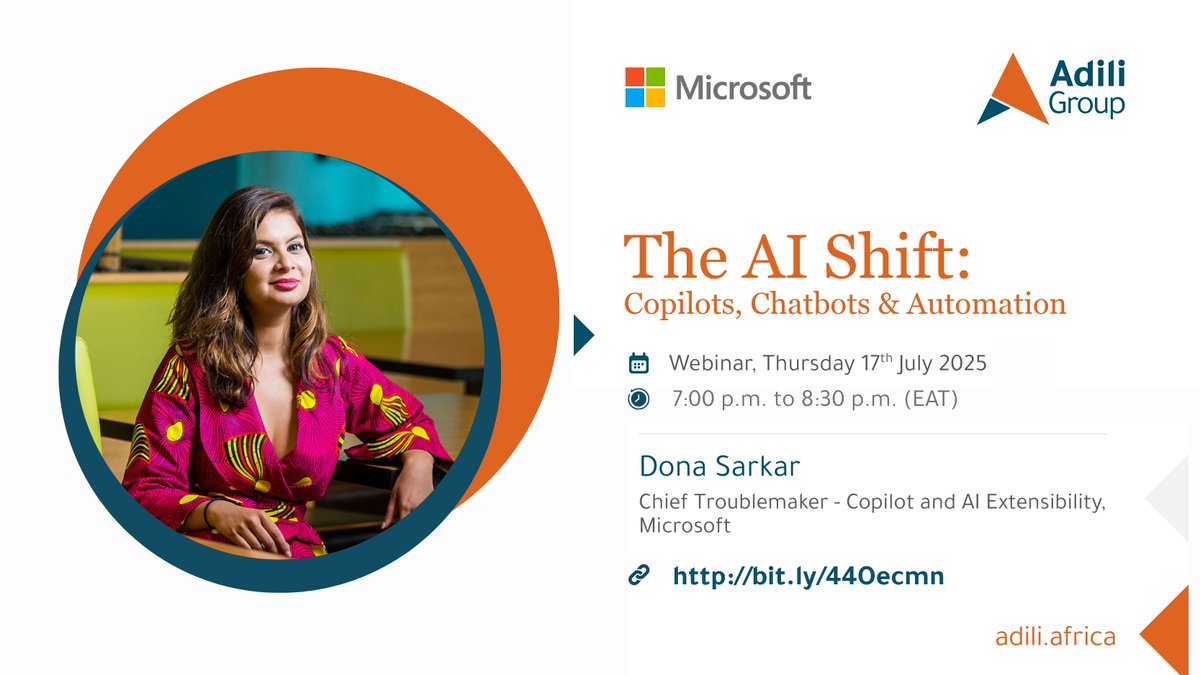 MicrosoftADC's tweet image. The AI Shift: Copilots, Chatbots & Automation 🚀
Mark your calendar for this virtual webinar to explore how AI is reshaping everything from classrooms to boardrooms — & what you can do now to stay ahead.
🔗 buff.ly/PLuMFSC
@donasarkar @joylynn_kirui #AISkillsAfrica