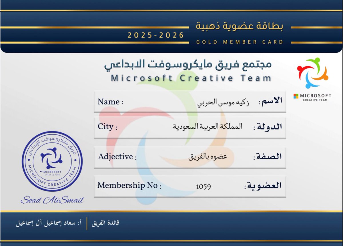 يسعدني و يشرفني وجودي ضمن فريق مايكروسوفت الإبداعي بقيادة الاستاذة الملهمة سعاد إسماعيل teachersoad@
بارك الله في جهودك
معاً لصناعة اثر تقني يبقى شاهداً لنا