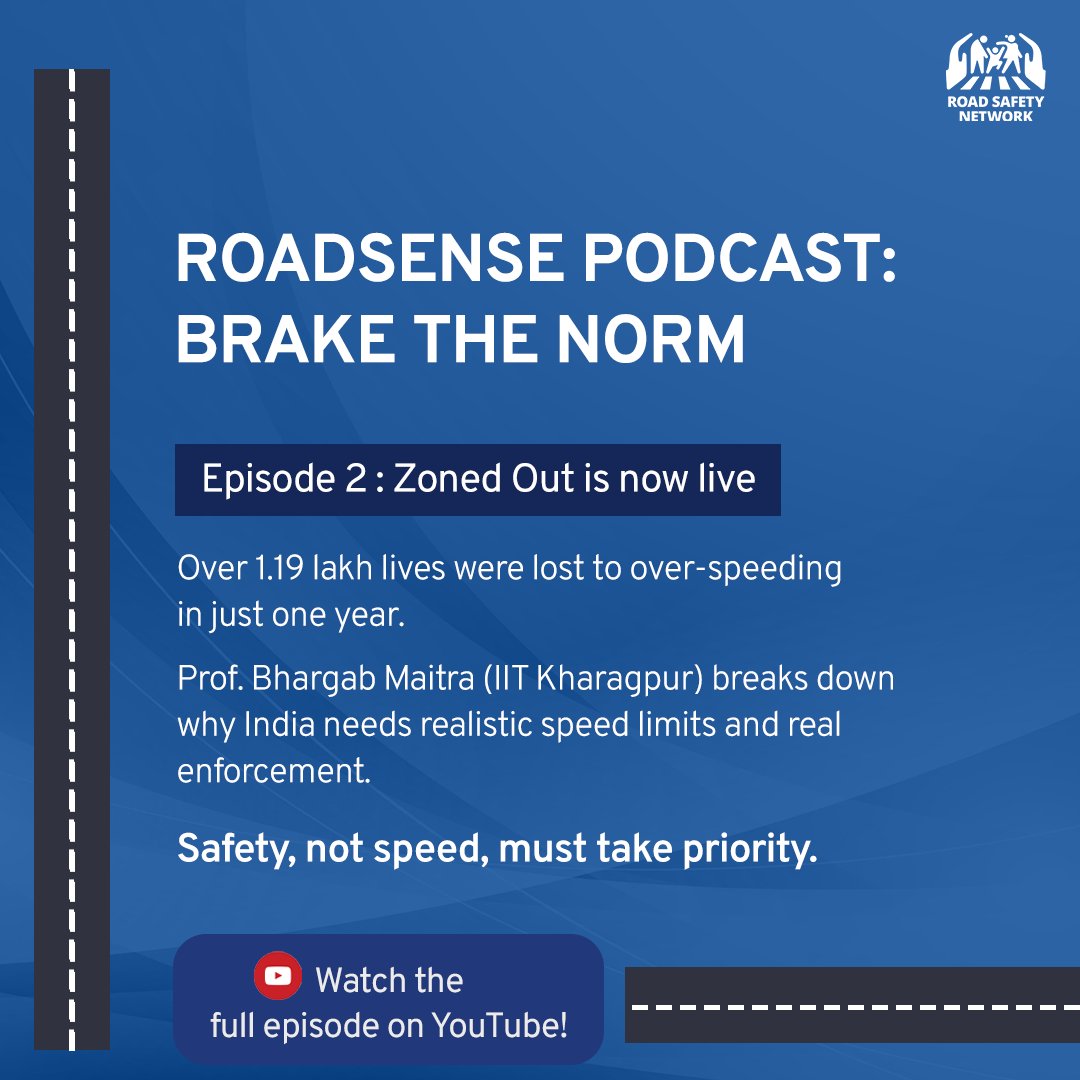 Road Safety (@roadsafetynetwk) on Twitter photo 1.19 lakh deaths in a year. One root cause: overspeeding.
In Ep 2 of #RoadSense podcast, traffic safety expert Prof. Bhargab Maitra, <a href="/IITKgp/">IIT Kharagpur🇮🇳</a> explains why India’s speed limits need urgent reform.
Watch now: youtu.be/aYlkbiXFBpU 1.19 lakh deaths in a year. One root cause: overspeeding.
In Ep 2 of #RoadSense podcast, traffic safety expert Prof. Bhargab Maitra, <a href="/IITKgp/">IIT Kharagpur🇮🇳</a> explains why India’s speed limits need urgent reform.
Watch now: youtu.be/aYlkbiXFBpU