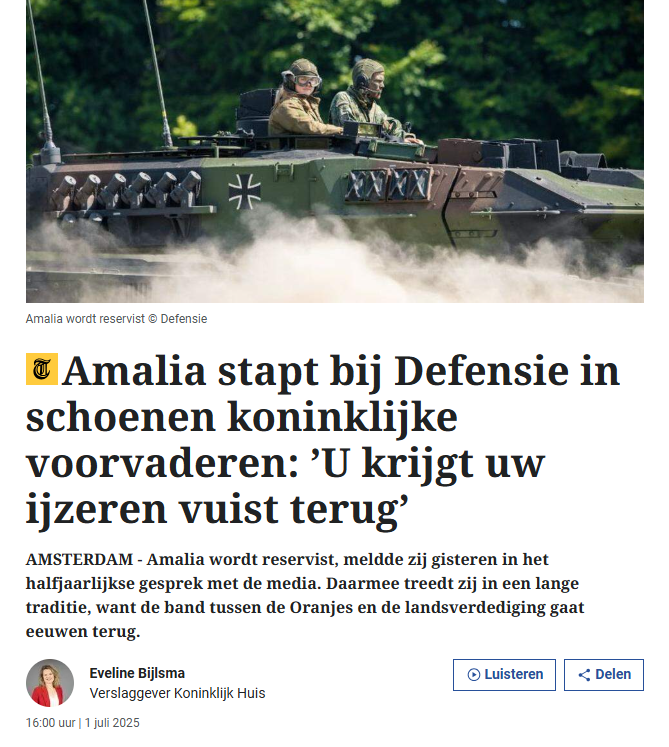 Sinds wanneer zijn leden van het koningshuis zo oorlogszuchtig geworden, vraag ik me af.

De kroonprinses poseerde onlangs in legerkleding om reclame te maken. Pieter van Vollenhoven juicht over een 'dodelijk snel' kanon. Alsof oorlog, doden en gesneuvelden een feest is. Alsof