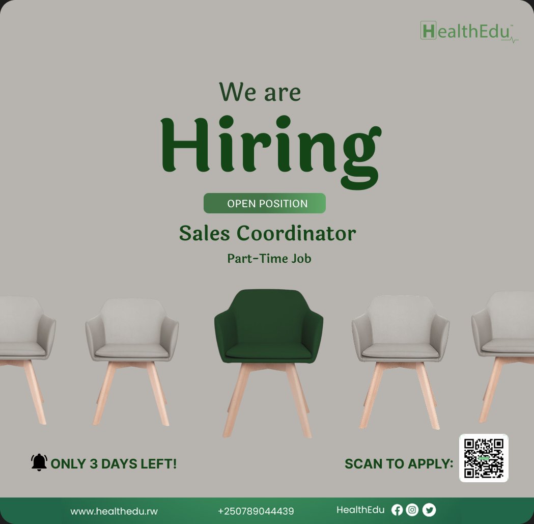 🪑 Your seat is waiting!
⏳ Just 3 days to go don’t miss this opportunity to grow with us.
📍 Apply by scanning the code now!
#JobAlert #JoinHealthEdu #PartTimeOpportunity#HiringNow