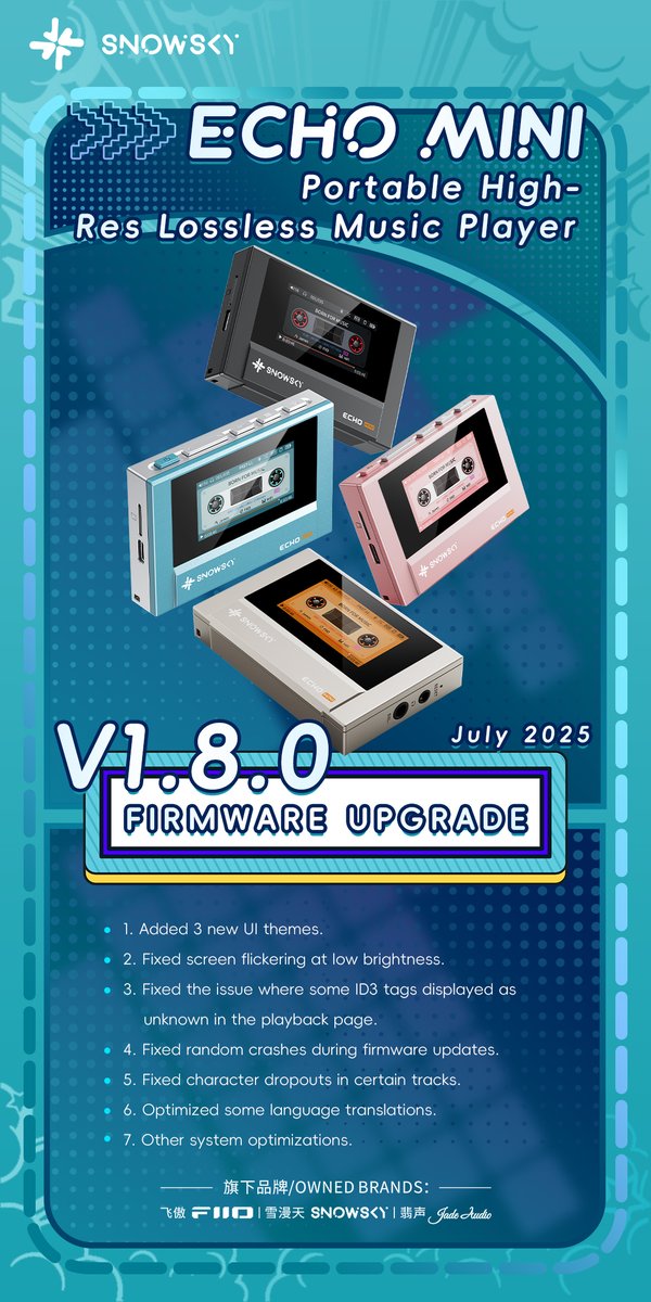 SNOWSKYofficial's tweet photo. The new firmware V1.8.0 for ECHO MINI is now available!

ECHO MINI firmware download link and update instruction:
https://t.co/Lf5g8PFxUH

How to switch the UI theme:
Go to System Settings-Interface Style for switching.
#echomini #fiio https://t.co/jaeG83ZErs