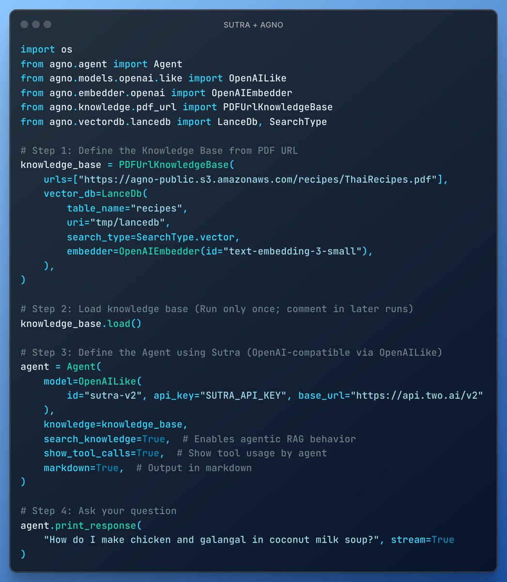 SUTRA (@sutra_dev) on Twitter photo Build Agentic RAG Pipelines Using SUTRA + <a href="/AgnoAgi/">Agno</a> + <a href="/lancedb/">LanceDB</a>
From PDF knowledge ingestion to multilingual query handling โ all in one flow.
Powered by SUTRA LLM ๐ฎ๐ณ
โญ Star the repo โ git.new/sutra-cookbook
<a href="/two_platforms/">TWO AI</a> <a href="/pranavmistry/">Pranav Mistry</a> <a href="/ashpreetbedi/">Ashpreet Bedi</a> Build Agentic RAG Pipelines Using SUTRA + <a href="/AgnoAgi/">Agno</a> + <a href="/lancedb/">LanceDB</a>
From PDF knowledge ingestion to multilingual query handling โ all in one flow.
Powered by SUTRA LLM ๐ฎ๐ณ
โญ Star the repo โ git.new/sutra-cookbook
<a href="/two_platforms/">TWO AI</a> <a href="/pranavmistry/">Pranav Mistry</a> <a href="/ashpreetbedi/">Ashpreet Bedi</a>