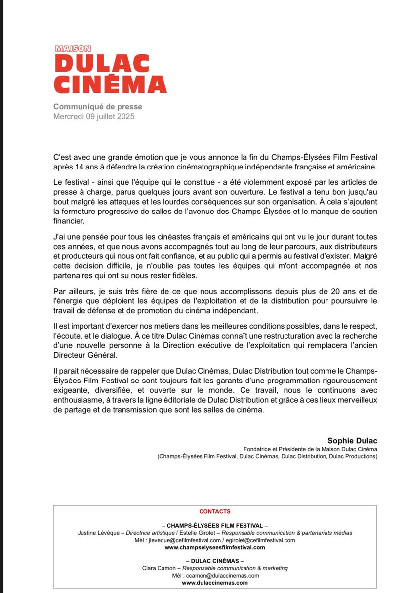 Clap de fin pour le Champs Elysées Film Festival. Las des critiques , Sophie Dulac qui donne et fait énormément pour le cinéma d’auteur sonne la fin après 14 ans de CEFF.
