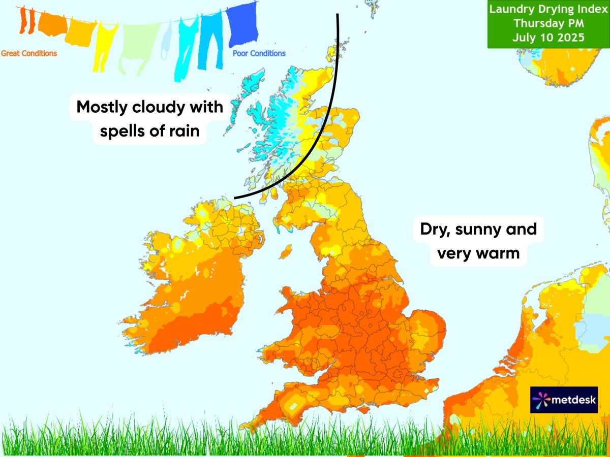 metdesk's tweet image. As it heats up through the rest of this week, the laundry drying index will become extremely good 😍
Take a look at the maps below for how it's looking between today and Friday ☀️
#laundrydryingindex #ukweather
