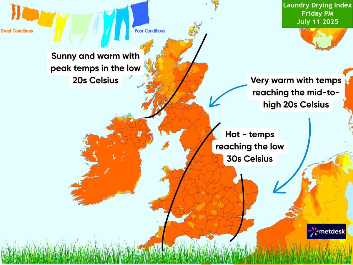 metdesk's tweet image. As it heats up through the rest of this week, the laundry drying index will become extremely good 😍
Take a look at the maps below for how it's looking between today and Friday ☀️
#laundrydryingindex #ukweather