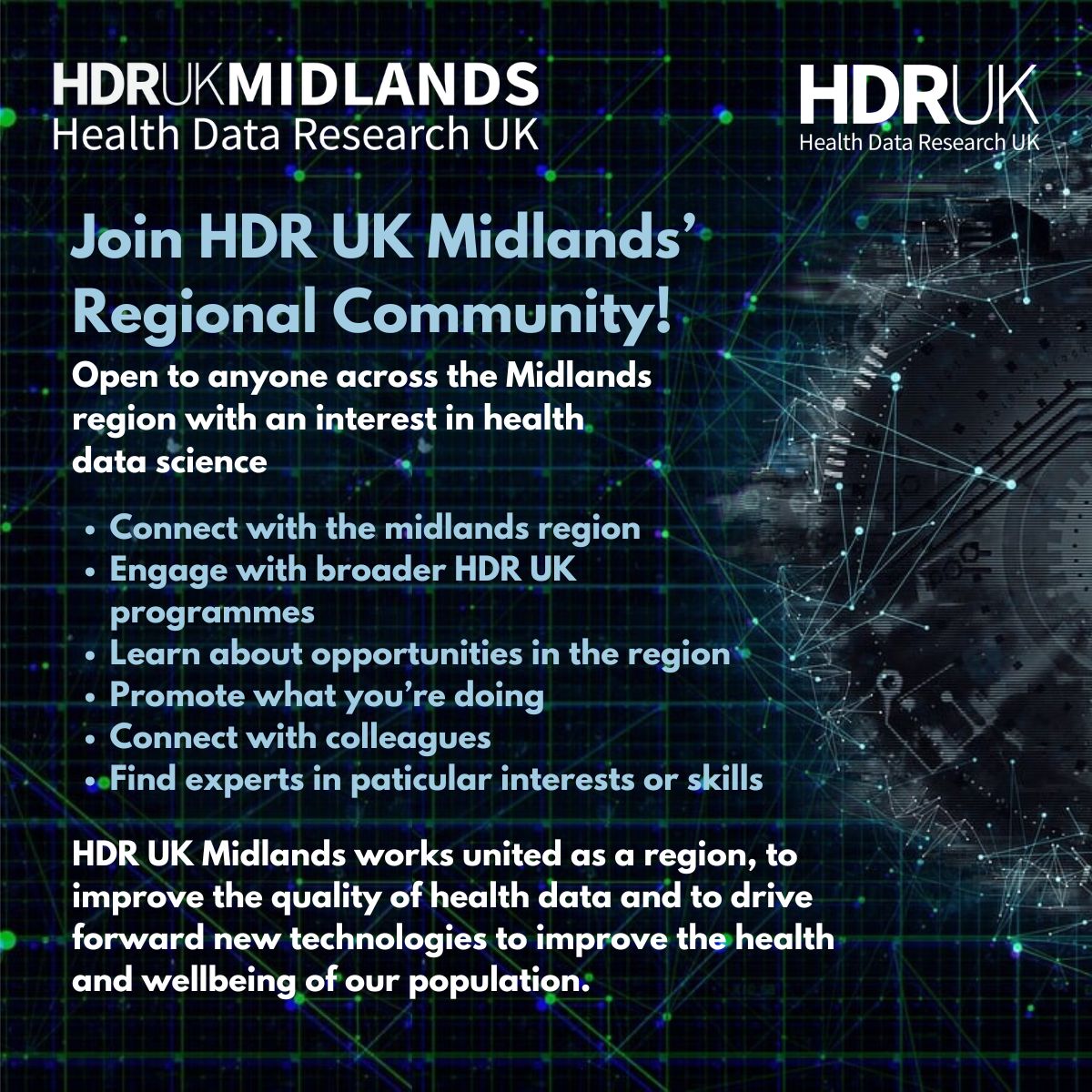 🌟Join the HDR UK Midlands Community!
📍A network of researchers, data scientists, clinicians and industry leaders working together to unlock the power of health data
👉Whether you're a beginner or seasoned expert, there's space for you in our community
🔗 hdrmidlands.org.uk/community/
