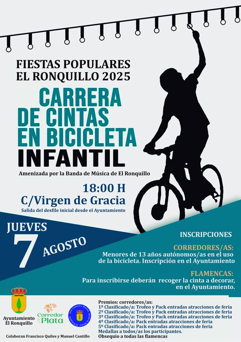 Turismo El Ronquillo (@turismronquillo) on Twitter photo #Feria2025
๐พ๐๐ง๐ง๐๐ง๐ ๐๐ ๐๐๐ฃ๐ฉ๐๐จ ๐๐ฃ ๐๐๐๐๐๐ก๐๐ฉ๐
La Carrera de Cintas Infantil en bicicleta se celebrarรก como cada aรฑo el jueves de feria (dรญa 7 de agosto) a las 18:00 h en la calle Virgen de Gracia, con paseillo inicial desde el Ayuntamiento. #Feria2025
๐พ๐๐ง๐ง๐๐ง๐ ๐๐ ๐๐๐ฃ๐ฉ๐๐จ ๐๐ฃ ๐๐๐๐๐๐ก๐๐ฉ๐
La Carrera de Cintas Infantil en bicicleta se celebrarรก como cada aรฑo el jueves de feria (dรญa 7 de agosto) a las 18:00 h en la calle Virgen de Gracia, con paseillo inicial desde el Ayuntamiento.