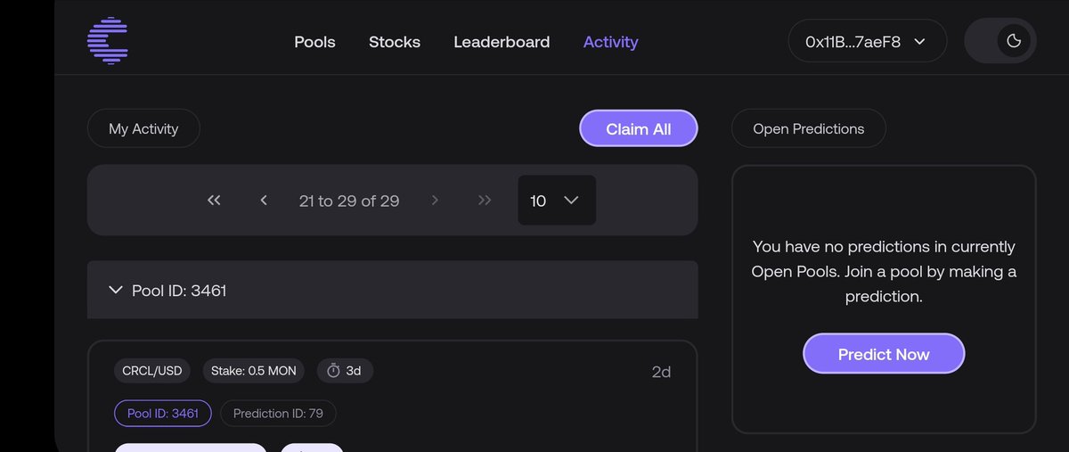 Monad Testnet Interaction.

<a href="/Castora_xyz/">Castora</a> is a prediction market where you bet on future prices of assets, and if your prediction's close, you win rewards.

Here’s how to try it:

✔️ Visit castora.xyz
✔️ Connect your wallet
✔️ Click "Predict Now"
✔️ Pick a pool (stocks