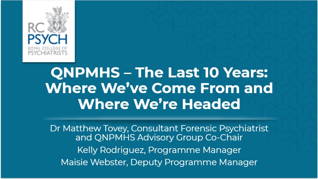 Quality Network for Prison Mental Health Services (@rcpsychqnpmhs) on Twitter photo 🌟First up Dr Matt Tovey is joined by Kelly Rodriguez (<a href="/Kel_RodriguezQI/">Kelly Rodriguez</a>), #QNPMHS Programme Manager, Maisie Webster, Deputy Programme Manager to give an overview of the progression of #QNPMHS over the last ten years and directions for the future!
🎉#QNPMHSAF 🌟First up Dr Matt Tovey is joined by Kelly Rodriguez (<a href="/Kel_RodriguezQI/">Kelly Rodriguez</a>), #QNPMHS Programme Manager, Maisie Webster, Deputy Programme Manager to give an overview of the progression of #QNPMHS over the last ten years and directions for the future!
🎉#QNPMHSAF