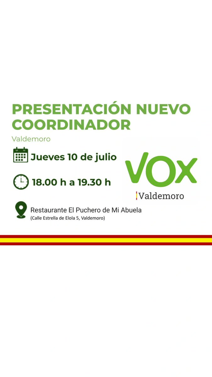 Os esperamos éste jueves 10 a las 18:00 en el restaurante El puchero de Mi Abuela, dónde presentaremos al nuevo coordinador de Valdemoro, junto a los concejales del grupo municipal.

Una oportunidad para conocernos mejor y compartir nuevas propuestas que estamos preparando. 🇪🇸💪