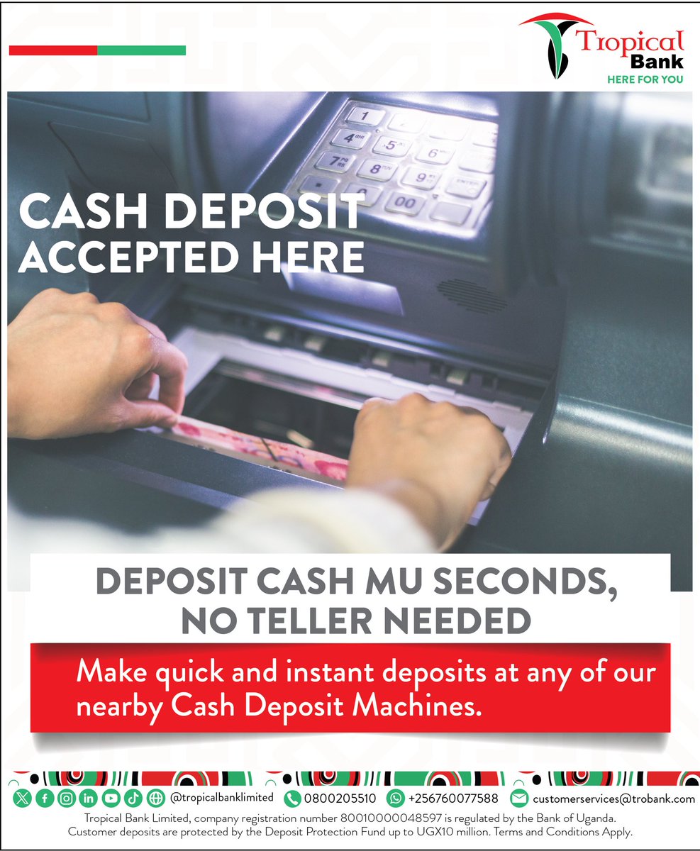 TropicalBankUG's tweet image. Cash Deposit Accepted Instantly!
Deposit your cash in seconds—no teller needed.
Make quick and secure deposits anytime at our nearby Cash Deposit Machines.
#HereForYou #CashDepositMachines #SmartBanking