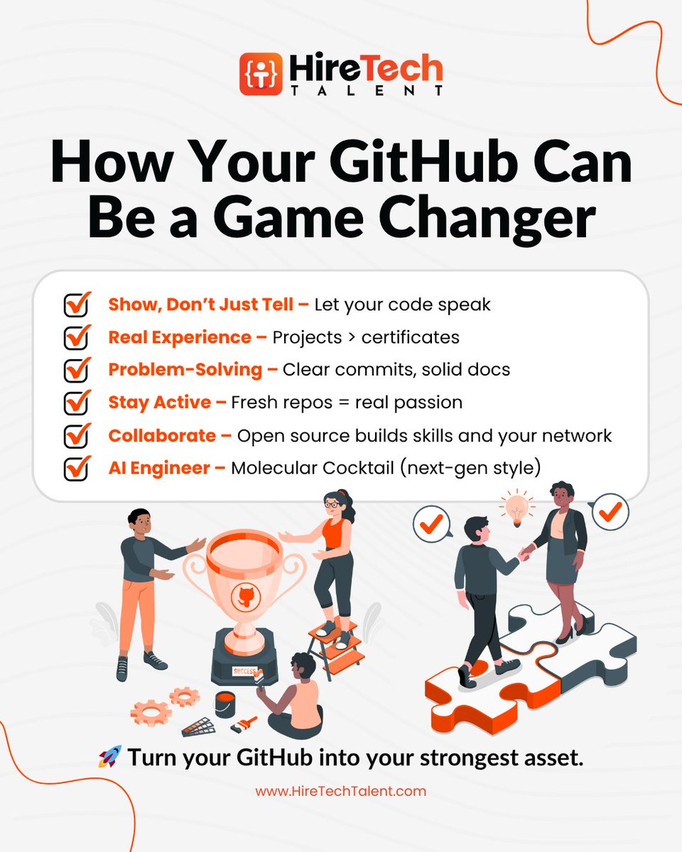 hiretechtalents's tweet image. 💥 How Your GitHub Can Be a Game Changer:
✔️ Show real code, not just claims
✔️ Highlight projects &amp; problem-solving
✔️ Use clear commits/docs
✔️ Stay active = show passion
✔️ Collaborate &amp; grow your network
Your repo &gt; your resume.
#GitHubTips #TechCareers