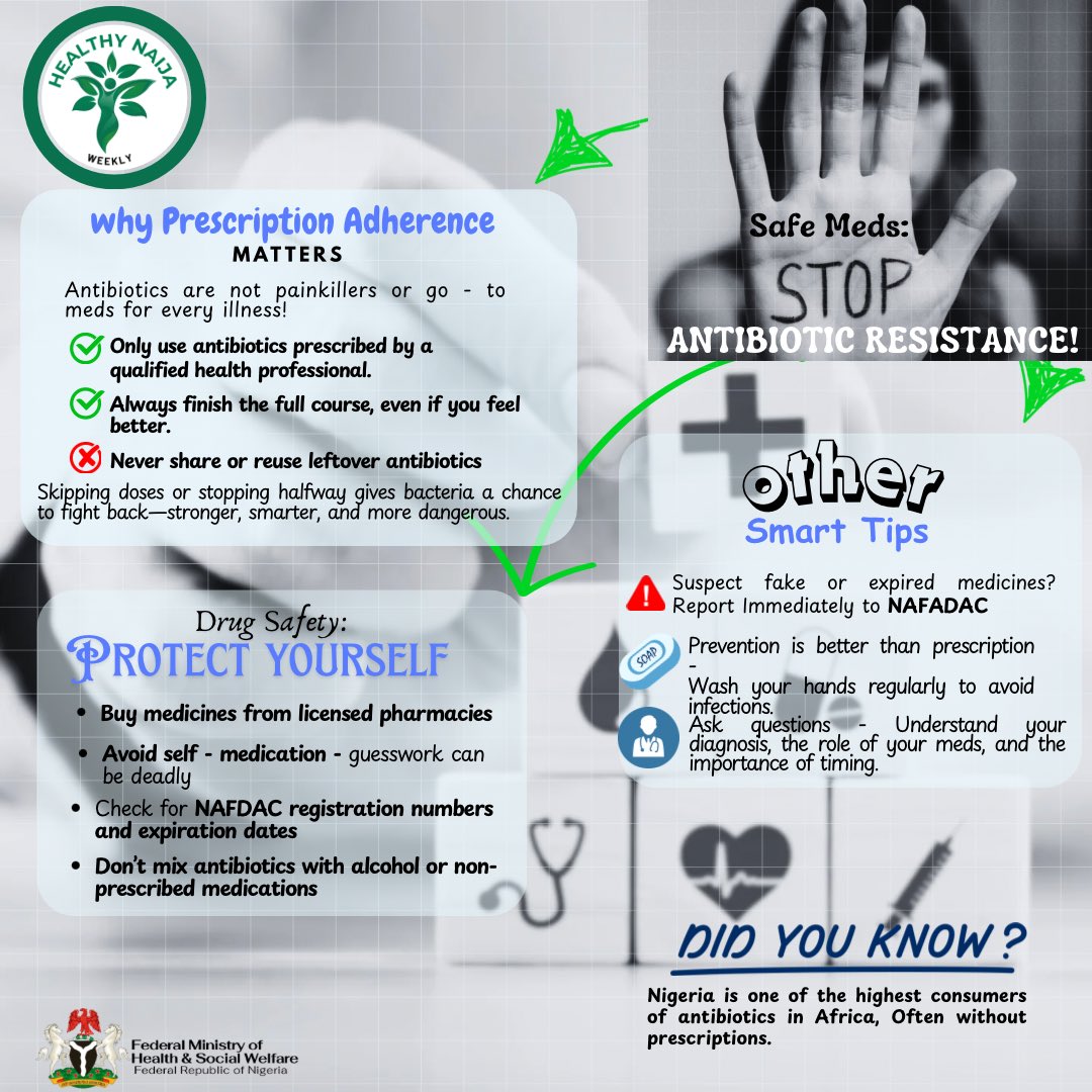 Fmohnigeria's tweet image. 🛡️💊 Antibiotics aren’t for every cough or catarrh!
This week on #HealthyNaija, we’re saying it loud: “Safe Meds: Stop Antibiotic Resistance!”
📌 Did you know misusing antibiotics makes infections stronger and harder to treat?
📌 Never self-medicate or stop halfway —finish your…